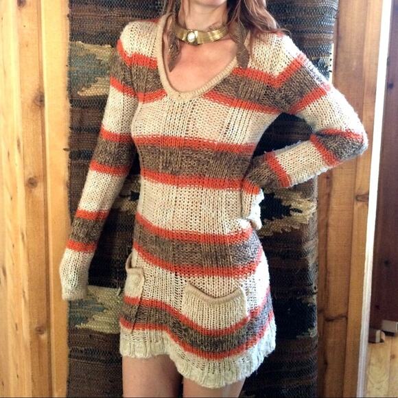 Ashley By 26 International Sweaters - Ashley Orange Striped Acrylic Sweater Dress Large